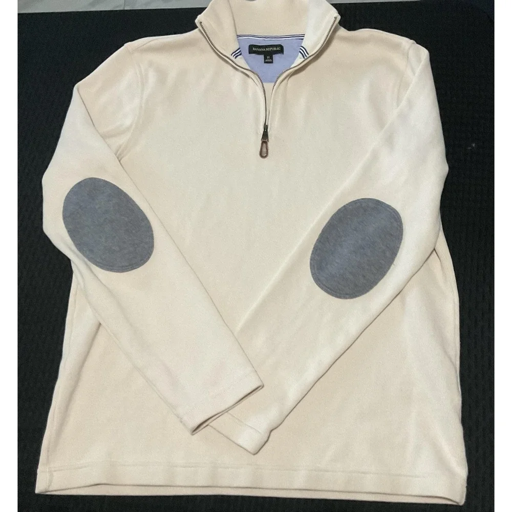 Banana Republic Sweater Mens Medium White 1/4 Zip Mock Neck + Gray Polo Lot Of 2